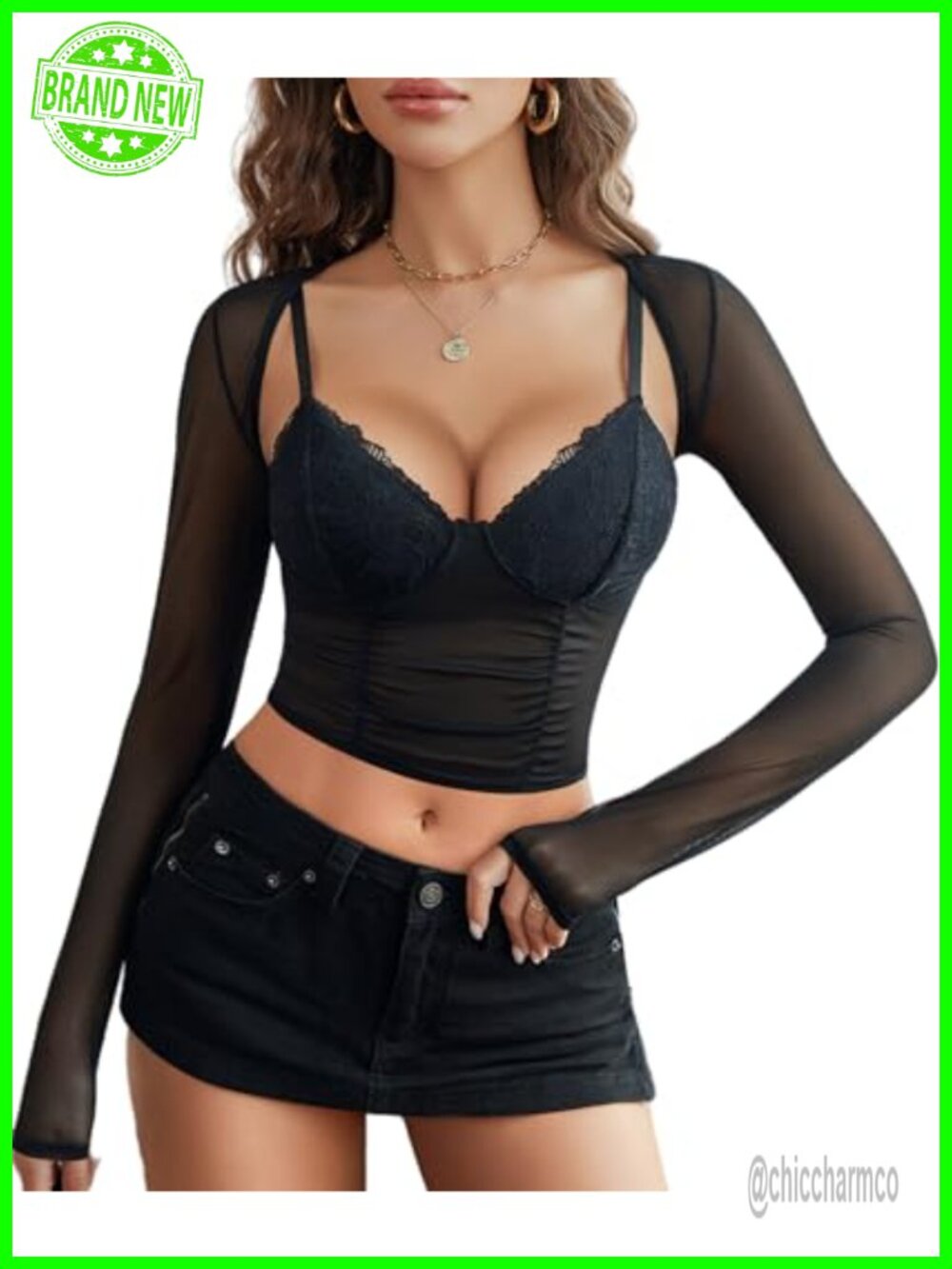 Avidlove Mesh Crop Top & Shrug Set Long Sleeve Sheer Low Cut 2-Piece Clubwear